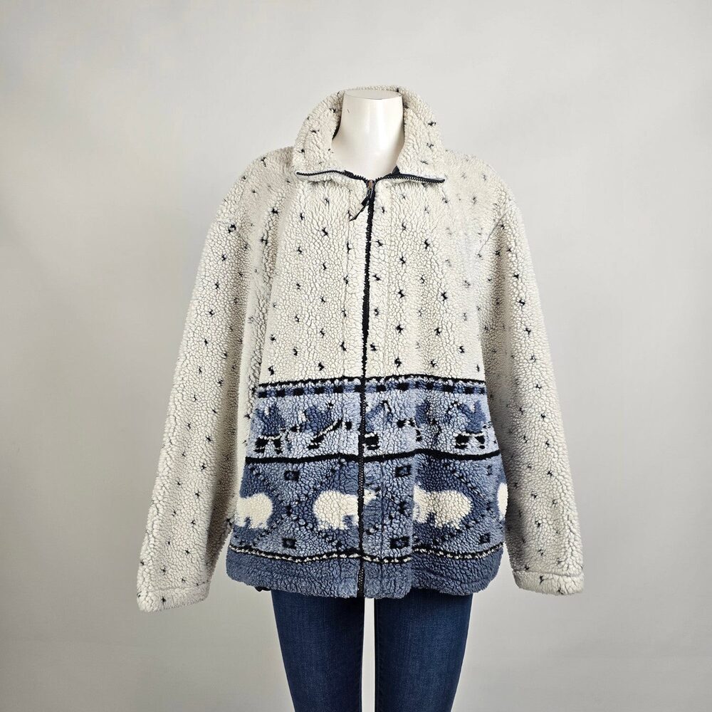 Vintage Rest & Relaxation Sherpa Jacket Size L Cozy Fleece Cabin Print Zip